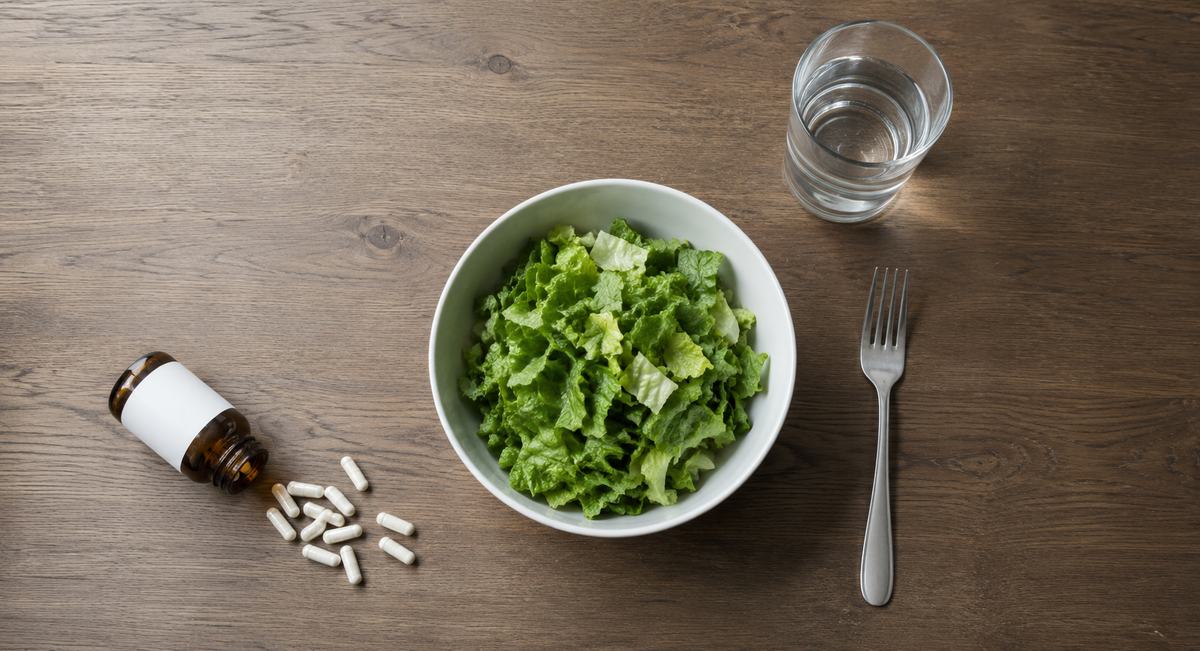Probiotic capsules beside a plate of salad