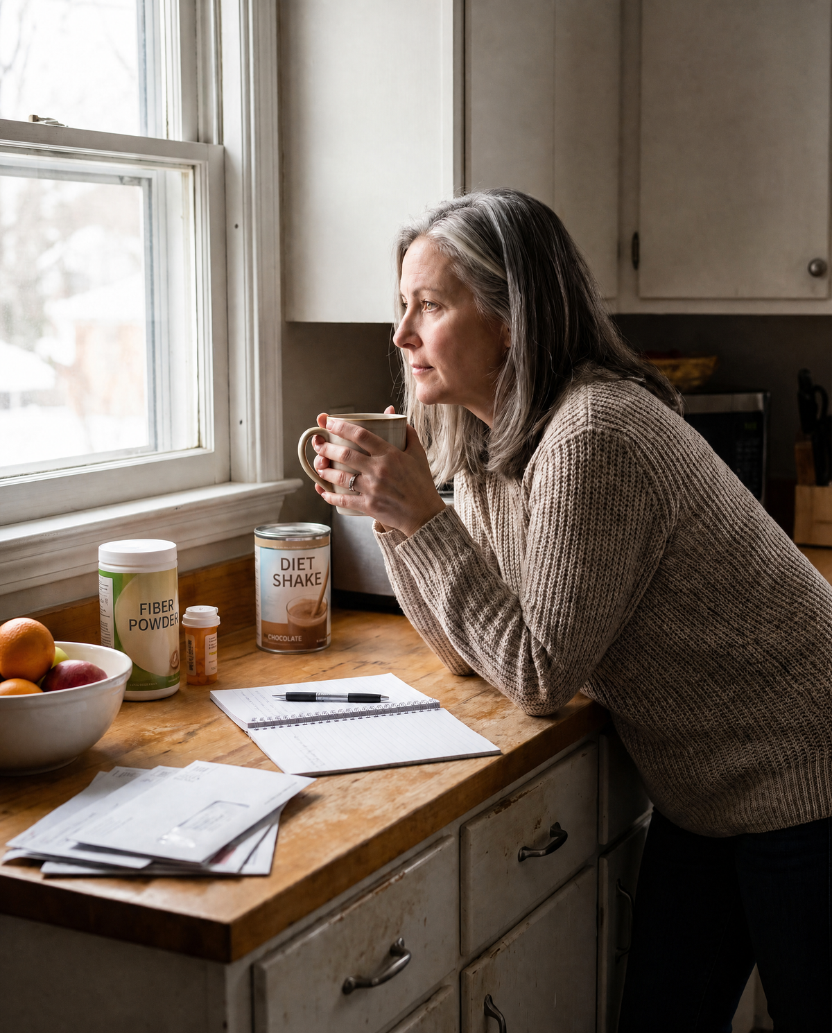 Woman at her kitchen counter surrounded by diet powders and shakes