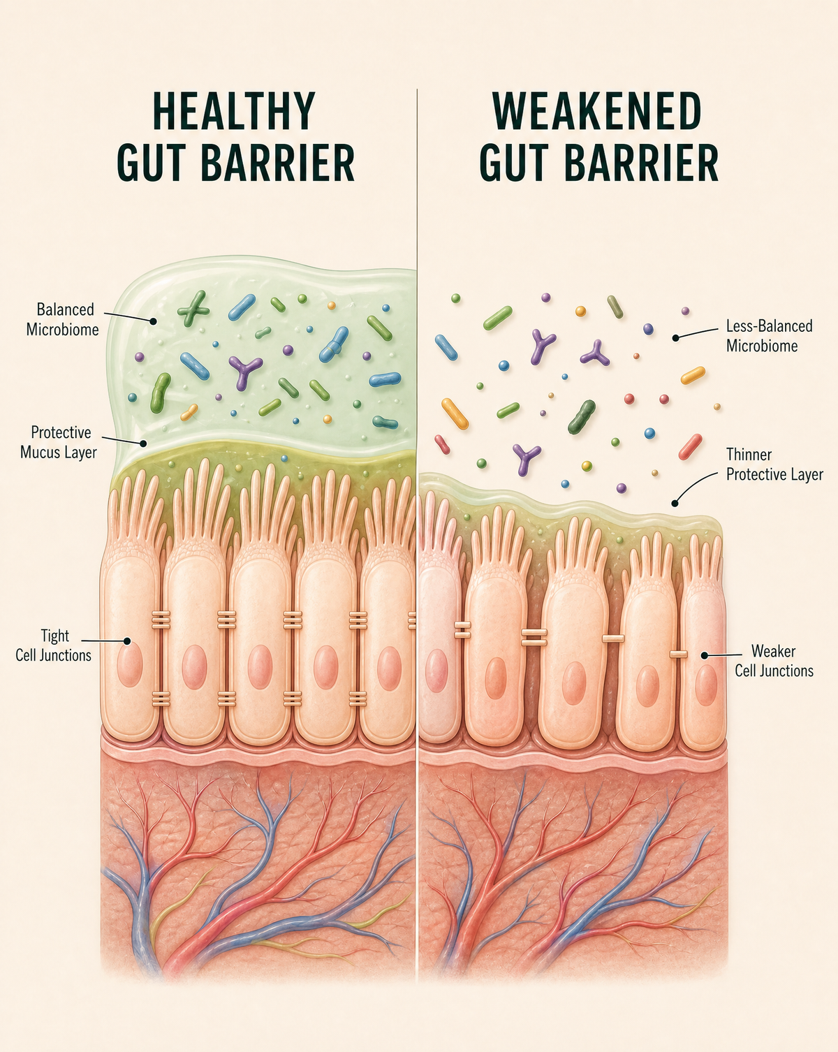 Cross-section illustration of a weakened gut lining