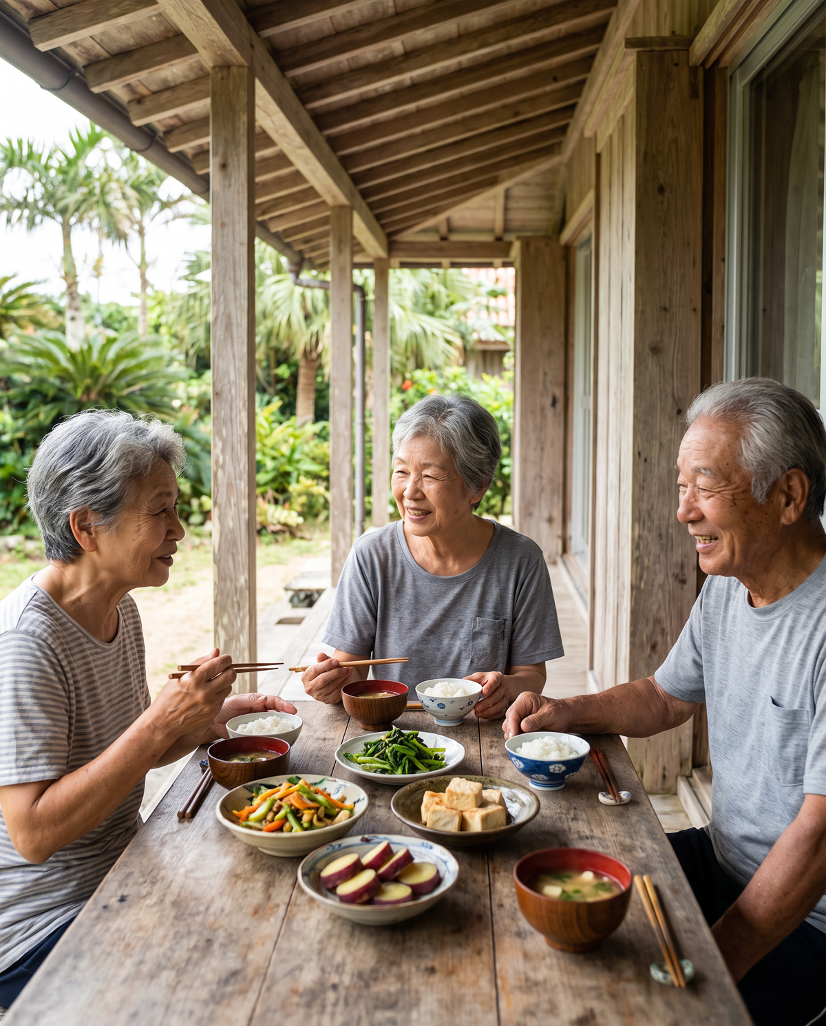 Older Okinawan villagers sharing a meal outdoors